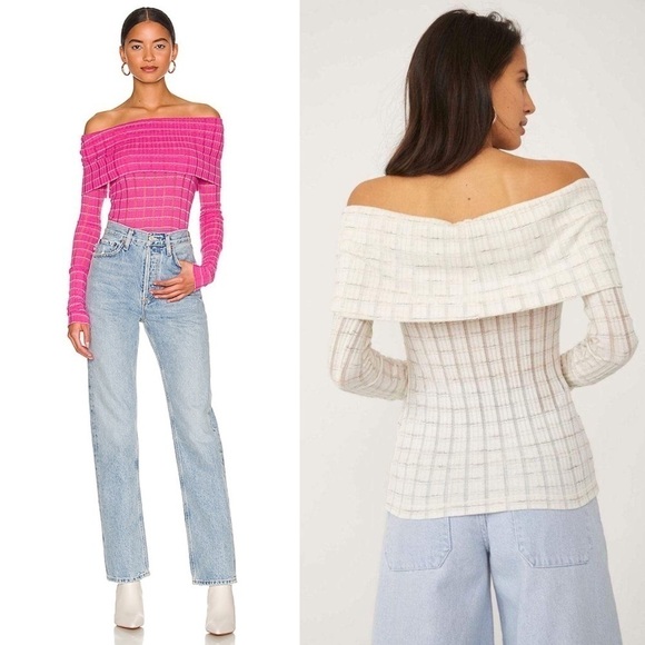 NWT FREE PEOPLE Ribbed Knit Striped Off Shoulder Après-ski Peach Sweater Top XS - Picture 8 of 13